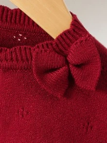 SHEIN 女嬰紅色針織長袖圓領蝴蝶結前襟短版開襟衫 - 紅色 - 查看 6