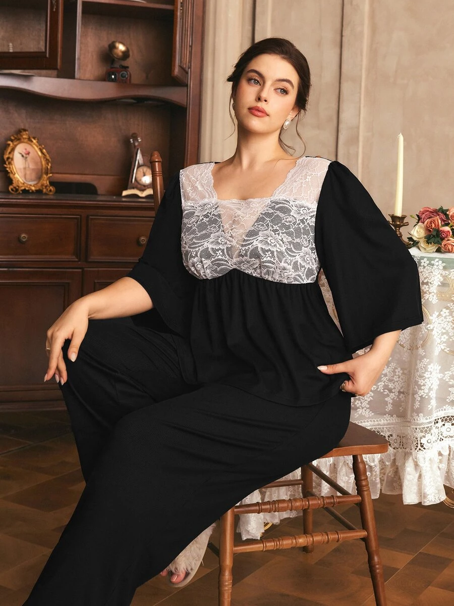 Côtesoire Plus Size Women's Contrast Lace 3/4 Sleeve Top And Long Pants Pajama Set - Black - View 1