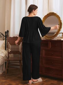 Côtesoire Plus Size Women's Contrast Lace 3/4 Sleeve Top And Long Pants Pajama Set - Black - View 2