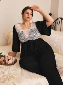 Côtesoire Plus Size Women's Contrast Lace 3/4 Sleeve Top And Long Pants Pajama Set - Black - View 4