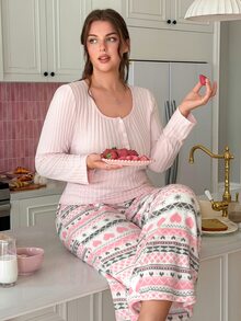 Slumberry CURVE Plus Size Women's Comfortable Knit Ribbed Top And Fair Isle Pattern Fleece Long Pants Pajama Set, Autumn/Winter - Multicolor - View 6
