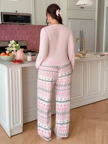 Slumberry CURVE Plus Size Women's Comfortable Knit Ribbed Top And Fair Isle Pattern Fleece Long Pants Pajama Set, Autumn/Winter - Multicolor - View 3
