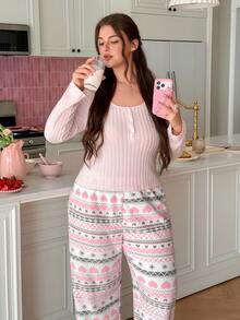 Slumberry CURVE Plus Size Women's Comfortable Knit Ribbed Top And Fair Isle Pattern Fleece Long Pants Pajama Set, Autumn/Winter - Multicolor - View 4