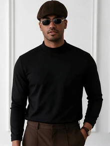 HUEFORM Men's Basicl Black Fitted Cut Mock Neck T-Shirt, The Fleece-Lined Fabric Offers Warmth, Making It A Great Piece For Autumn And Winter Styling For Men - Black - View 4