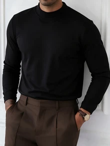 HUEFORM Men's Basicl Black Fitted Cut Mock Neck T-Shirt, The Fleece-Lined Fabric Offers Warmth, Making It A Great Piece For Autumn And Winter Styling For Men - Black - View 3