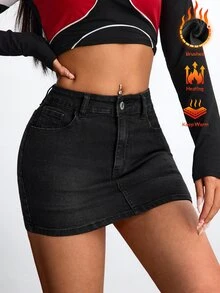SHEIN EZwear 女款性感休閒街頭風鈕扣口袋黑色牛仔迷你裙，深色水洗，刷毛牛仔面料，適合秋季與冬季外出夜生活 - 黑色 - 查看 7
