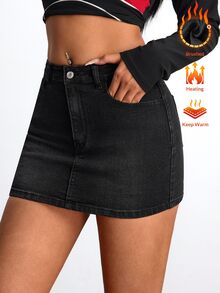 SHEIN EZwear 女款性感休閒街頭風鈕扣口袋黑色牛仔迷你裙，深色水洗，刷毛牛仔面料，適合秋季與冬季外出夜生活 - 黑色 - 查看 4