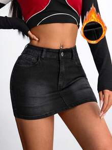 SHEIN EZwear 女款性感休閒街頭風鈕扣口袋黑色牛仔迷你裙，深色水洗，刷毛牛仔面料，適合秋季與冬季外出夜生活 - 黑色 - 查看 1