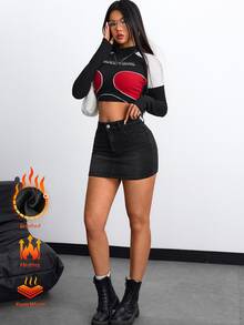 SHEIN EZwear 女款性感休閒街頭風鈕扣口袋黑色牛仔迷你裙，深色水洗，刷毛牛仔面料，適合秋季與冬季外出夜生活 - 黑色 - 查看 6