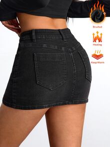 SHEIN EZwear 女款性感休閒街頭風鈕扣口袋黑色牛仔迷你裙，深色水洗，刷毛牛仔面料，適合秋季與冬季外出夜生活 - 黑色 - 查看 2
