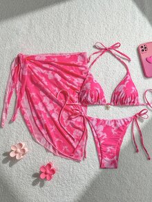 SHEIN Swim 3pcs/Set Women's Random Print Halter Neck Beach Skirt, Tie-Up Retro Holiday Bikini Set, Summer - Pink - View 2