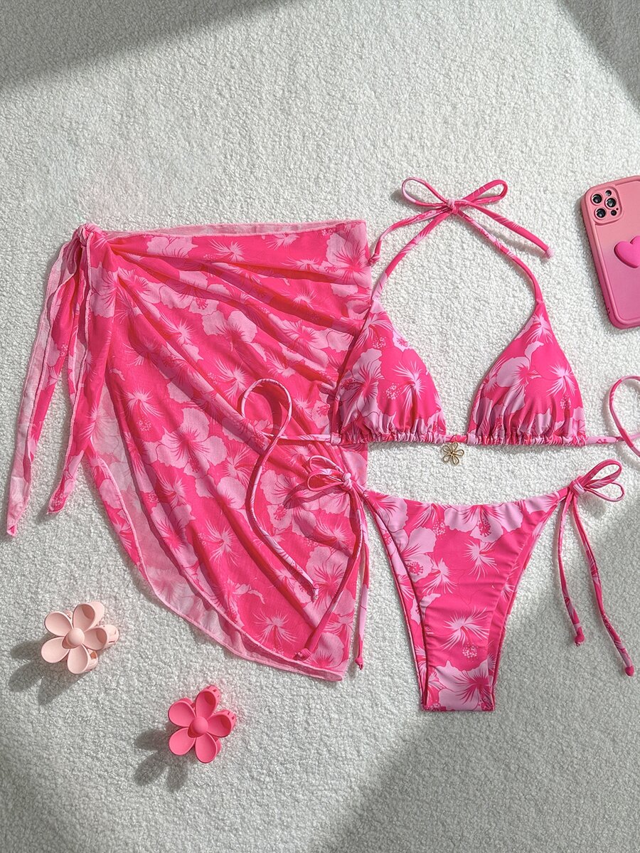 SHEIN Swim 3pcs/Set Women's Random Print Halter Neck Beach Skirt, Tie-Up Retro Holiday Bikini Set, Summer