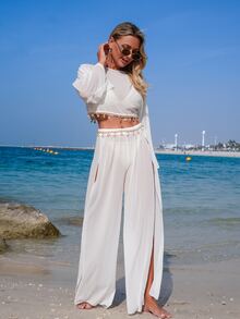 SHEIN Swim Women's Spring/Summer Beach Vacation Mesh Cover-Up + Starfish & Shell Pendant Woven Strap Necklace + Matching Mesh High Slit Beach Pants Swimsuit Set - White - View 4