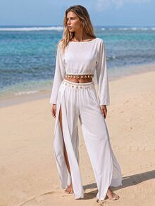 SHEIN Swim Women's Spring/Summer Beach Vacation Mesh Cover-Up + Starfish & Shell Pendant Woven Strap Necklace + Matching Mesh High Slit Beach Pants Swimsuit Set - White - View 2