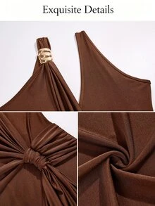 SOLERSUN V-Neck Halter-Neck Strappy Backless Fishtail Maxi Dress With Metal Buckle Embellishments Flowing Wedding Party Dinner Coffee Elegant Only One Dress - Brown - View 8