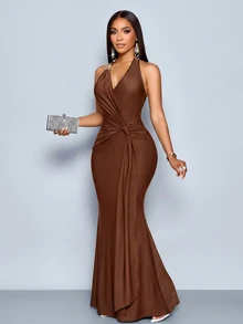 SOLERSUN V-Neck Halter-Neck Strappy Backless Fishtail Maxi Dress With Metal Buckle Embellishments Flowing Wedding Party Dinner Coffee Elegant Only One Dress - Brown - View 7