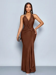 SOLERSUN V-Neck Halter-Neck Strappy Backless Fishtail Maxi Dress With Metal Buckle Embellishments Flowing Wedding Party Dinner Coffee Elegant Only One Dress - Brown - View 4