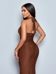 SOLERSUN V-Neck Halter-Neck Strappy Backless Fishtail Maxi Dress With Metal Buckle Embellishments Flowing Wedding Party Dinner Coffee Elegant Only One Dress - Brown - View 2