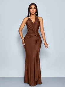 SOLERSUN V-Neck Halter-Neck Strappy Backless Fishtail Maxi Dress With Metal Buckle Embellishments Flowing Wedding Party Dinner Coffee Elegant Only One Dress - Brown - View 3