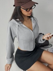 Sirith 女款素色長袖拉鍊連帽抽繩運動外套 - 灰色 - 查看 5