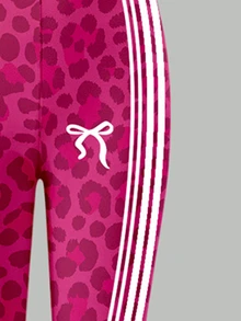 Toddler Girls 2 Pcs Rose Pink Leopard Print Striped Crew Neck Pullover Sweatshirt & Leggings Set, Winter Outfits - Multicolor - View 6