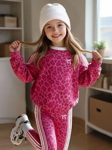Toddler Girls 2 Pcs Rose Pink Leopard Print Striped Crew Neck Pullover Sweatshirt & Leggings Set, Winter Outfits - Multicolor - View 3