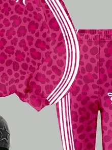 Toddler Girls 2 Pcs Rose Pink Leopard Print Striped Crew Neck Pullover Sweatshirt & Leggings Set, Winter Outfits - Multicolor - View 5