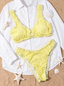 Swim Vcay-D 夏季纯色黄色提花面料荷叶边深方领露背环饰女士休闲性感沙滩比基尼泳装套装 - 黃色 - 查看 5