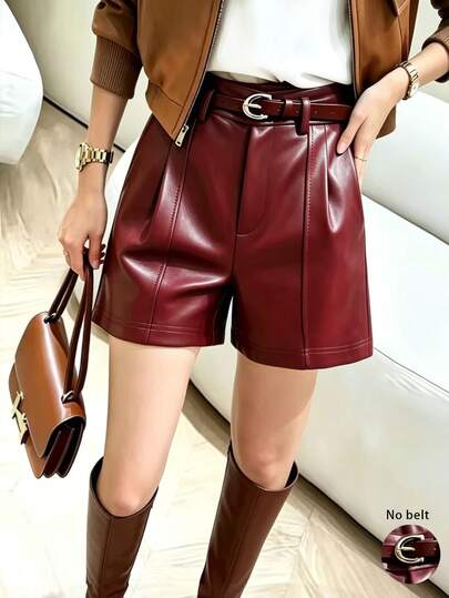 Franclia Women's Solid Color PU Leather Casual Fashion Versatile Shorts
