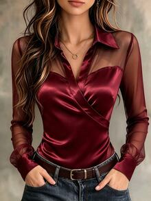 GlowEve Blus Wanita Musim Dingin Lengan Panjang Warna Polos dengan Detail Jala Kontras, Modis dan Elegan - Hitam dan Putih - View 1