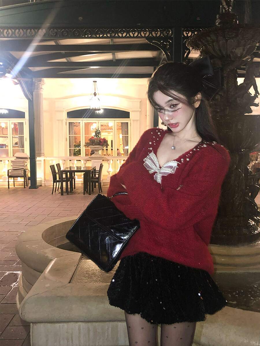 DAZY Women's V-Neck Bow Sequin Korean Style Christmas Long Sleeve Autumn/Winter Sweater - Red - View 1