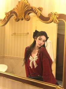 DAZY Women's V-Neck Bow Sequin Korean Style Christmas Long Sleeve Autumn/Winter Sweater - Red - View 6