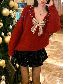 DAZY Women's V-Neck Bow Sequin Korean Style Christmas Long Sleeve Autumn/Winter Sweater - Red - View 4
