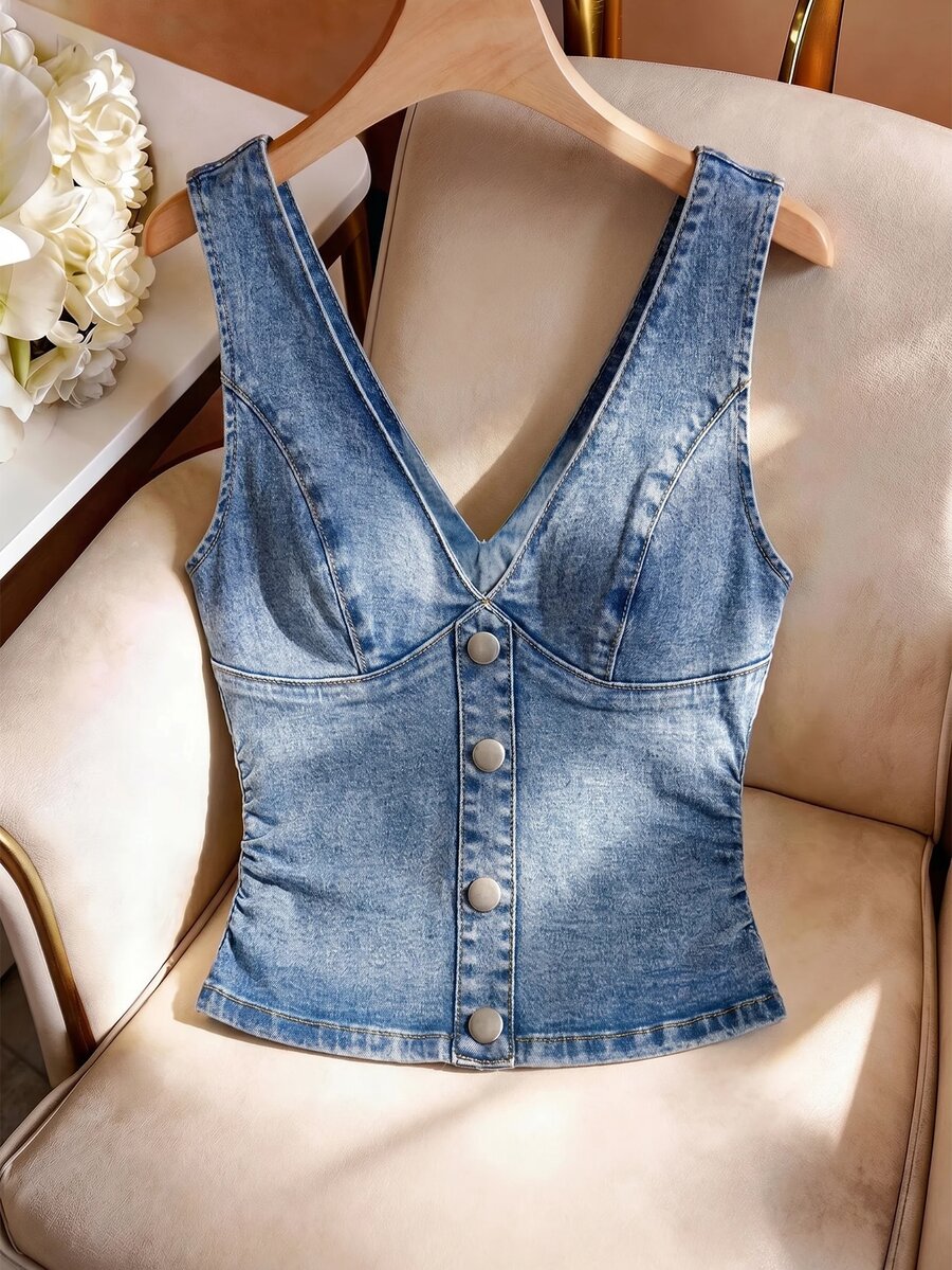GlowEve Plus Size Women V-Neck Button Design Pleated Casual Sleeveless Denim Top - Beige - View 1