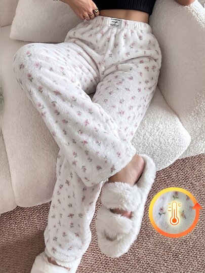 CottageSlumber Pantalones de pijama de franela para mujer con decoración de parche en la cintura y estampado floral pequeño