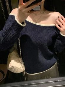 DAZY Women's Korean Style Ribbed Off-Shoulder Long Sleeve Sweater - Blue - View 6