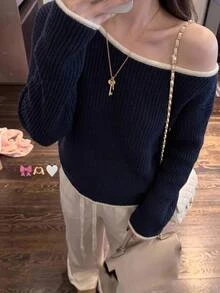 DAZY Women's Korean Style Ribbed Off-Shoulder Long Sleeve Sweater - Blue - View 3