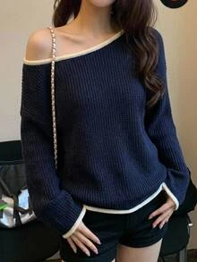 DAZY Women's Korean Style Ribbed Off-Shoulder Long Sleeve Sweater - Blue - View 4