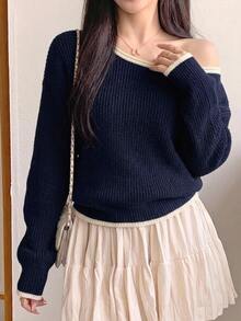 DAZY Women's Korean Style Ribbed Off-Shoulder Long Sleeve Sweater - Blue - View 5