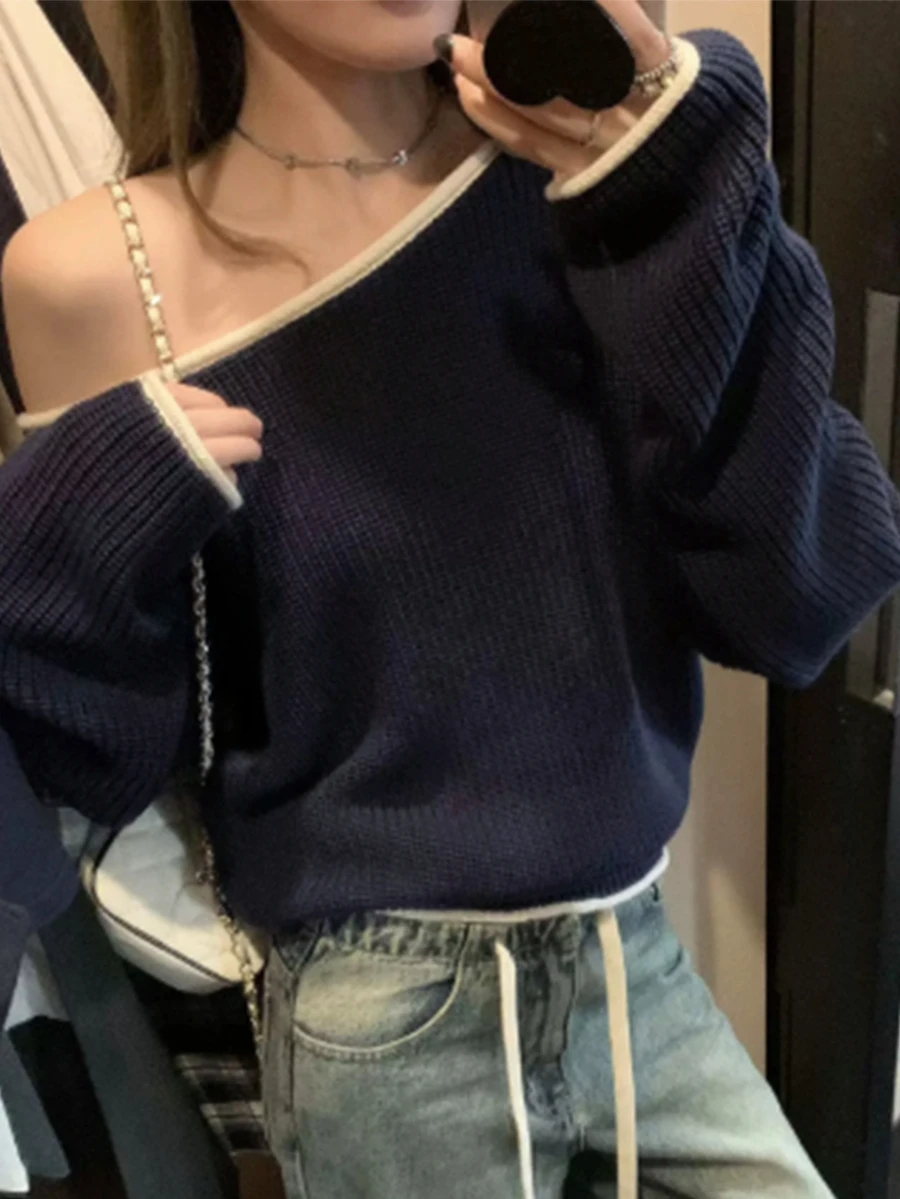 DAZY Women's Korean Style Ribbed Off-Shoulder Long Sleeve Sweater - Blue - View 1