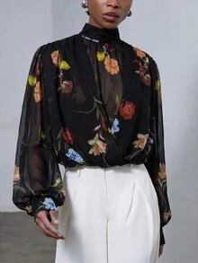 Aveloria Modichic 女款雪紡高領交叉裹身短版寬鬆上衣，燈籠袖，優雅浪漫黑色花卉夏季上衣，適合感恩節穿搭、晚餐、辦公室 - 彩色 - 查看 6