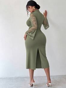 Elenzga Plus Size Green Lace Patchwork Long Sleeve Stand Collar Cinched Waist Dress - Green - View 2