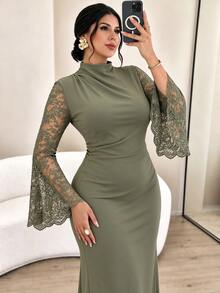 Elenzga Plus Size Green Lace Patchwork Long Sleeve Stand Collar Cinched Waist Dress - Green - View 4