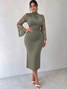 Elenzga Plus Size Green Lace Patchwork Long Sleeve Stand Collar Cinched Waist Dress - Green - View 3