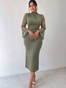 Elenzga Plus Size Green Lace Patchwork Long Sleeve Stand Collar Cinched Waist Dress - Green - View 1