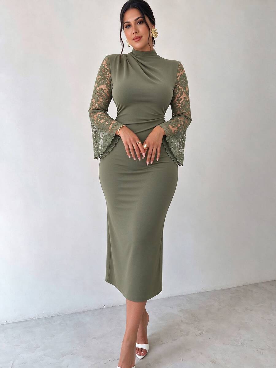 Elenzga Plus Size Green Lace Patchwork Long Sleeve Stand Collar Cinched Waist Dress - Green - View 1