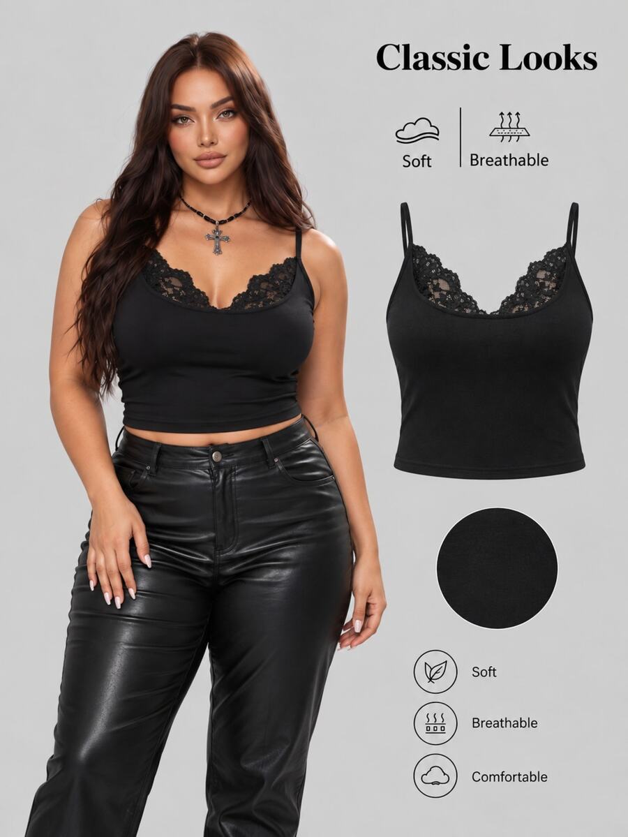Sweetra European And American Women's Plus Size Minimalist Elegant Lace Patchwork Minimalist Style Design Backless Camisole Top Date Night Black Summer - Black - View 1