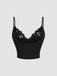 Sweetra European And American Women's Plus Size Minimalist Elegant Lace Patchwork Minimalist Style Design Backless Camisole Top Date Night Black Summer - Black - View 2