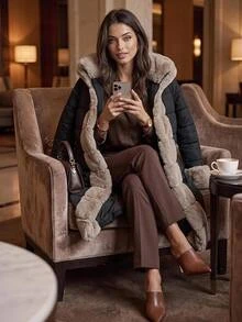 Editum Women's Plush Patchwork Casual Elegant Versatile Winter Hooded Padded Coat Everyday Travel Black - Black - View 12