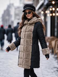 Editum Women's Plush Patchwork Casual Elegant Versatile Winter Hooded Padded Coat Everyday Travel Black - Black - View 9